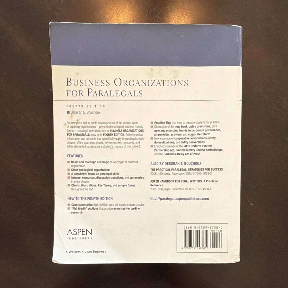 Aspen Publishers Business Organizations for Paralegals 4th Ed Bouchoux PB - Picture 4 of 5